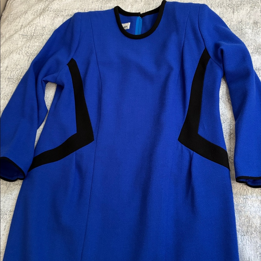 Elegant Blue Long Sleeve Dress; 100% Wool Crepe Midi Sheath Dress; Lined; Sz:16 - Picture 5 of 10